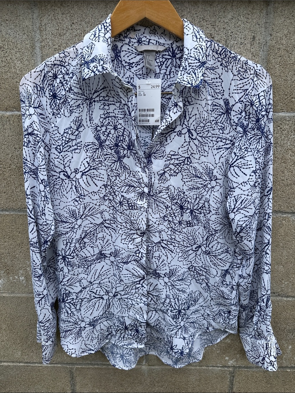 H&M White Button-Down Shirt with Navy Botanical Print